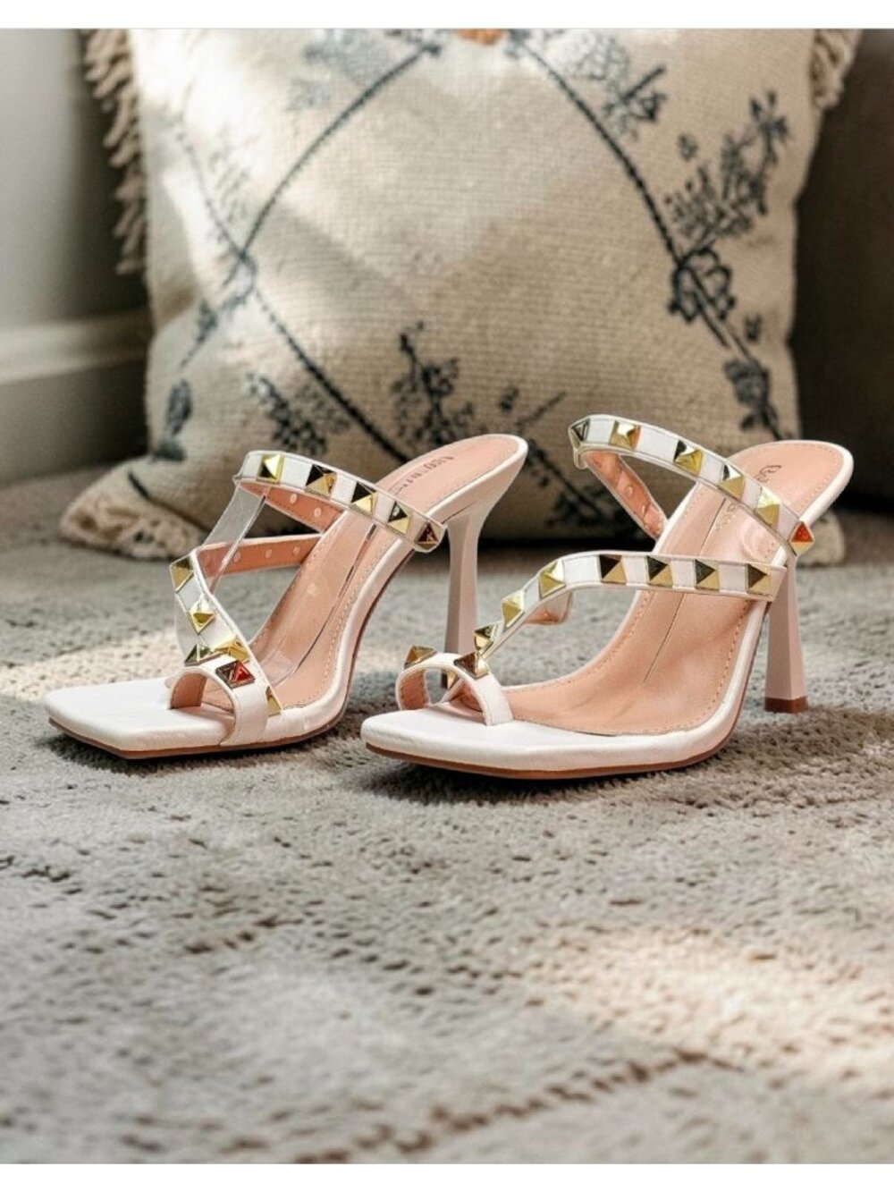 Studded High Heel Sandals With Strappy Design Open Toe & Gold-Tone Accents Ideal